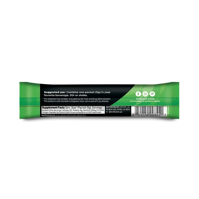Back of Grass Fed Pasture Raised Collagen Peptides 25 Ct Stick Pack Unflavored Flavor in the 25 Ct Single-Serve Stick Pack Size