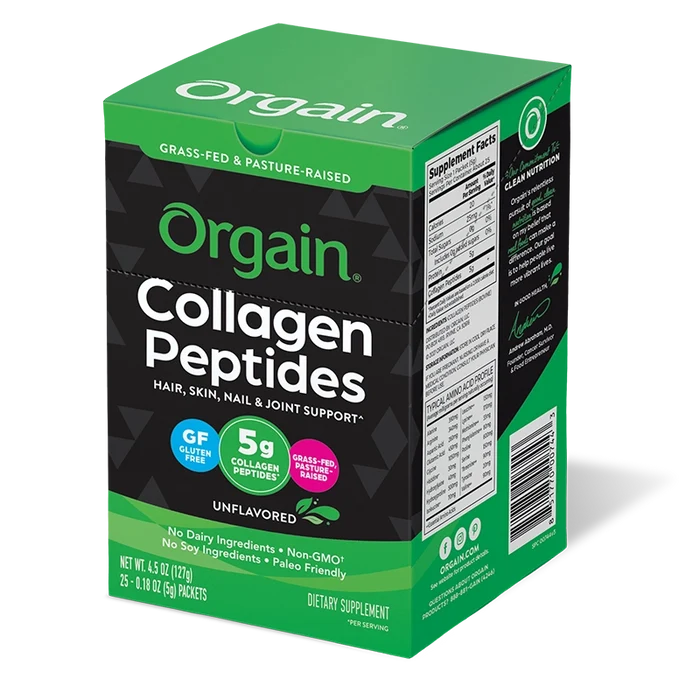 Angled Left side of Grass Fed Pasture Raised Collagen Peptides 25 Ct Stick Pack Unflavored Flavor in the 25 Ct Single-Serve Stick Pack Size