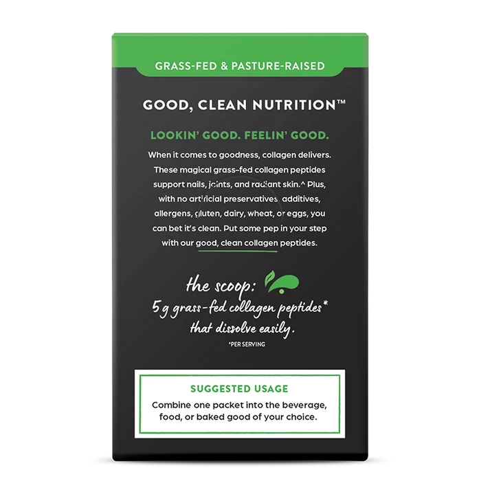 Back of Grass Fed Pasture Raised Collagen Peptides 25 Ct Stick Pack Unflavored Flavor in the 25 Ct Single-Serve Stick Pack Size