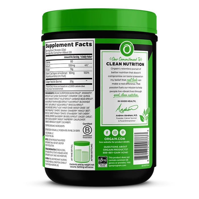 Right side of Grass-Fed Pasture Raised Collagen Peptides + Superfoods Powder Unflavored Flavor in the 1lb Canister Size