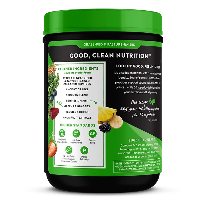 Left side of Grass-Fed Pasture Raised Collagen Peptides + Superfoods Powder Unflavored Flavor in the 1lb Canister Size