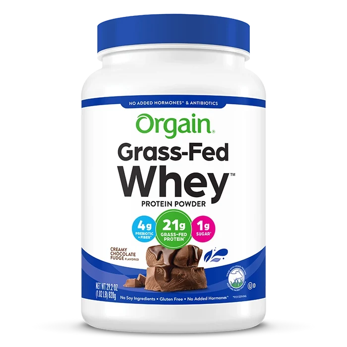 Front of Grass Fed Whey Protein Powder Creamy Chocolate Fudge Flavor in the 1.82lb Canister Size