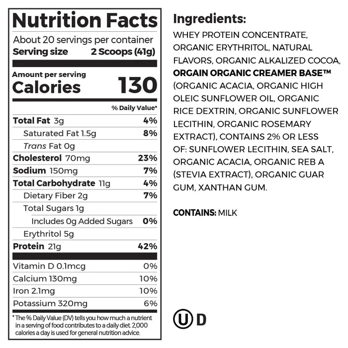 Nutrition fact panel and list of ingredients of Grass Fed Whey Protein Powder Creamy Chocolate Fudge Flavor in the 1.82lb Canister Size