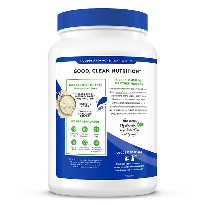 Left side of Grass Fed Whey Protein Powder - Vanilla Bean  Flavor in the 1.82lb Canister Size