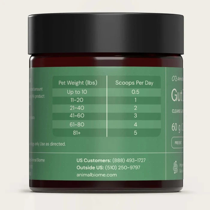 gut defender container showing dosage chart for dogs based on weight