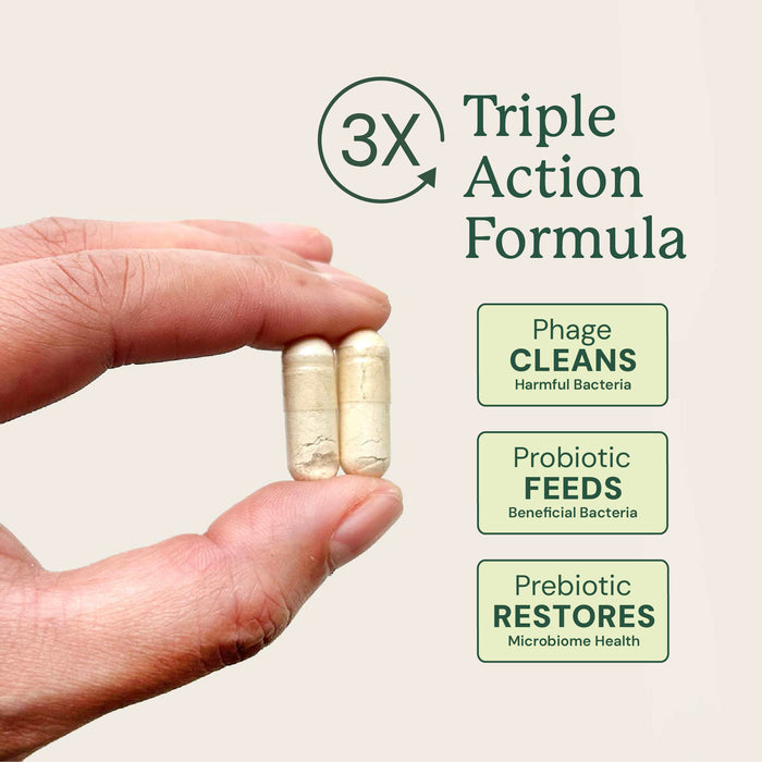 hand holding two dog supplement capsules highlighting its triple action formula benefits
