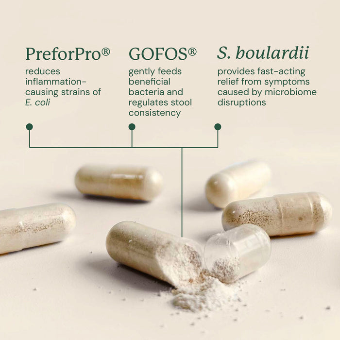 dog supplement capsules for diarrhea relief with three active ingredients listed - preforpro, gofos, and s. boulardii