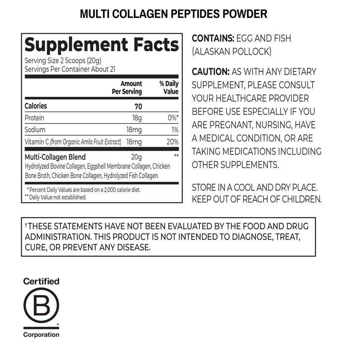 Supplement facts label for multi-collagen peptides powder on a white background