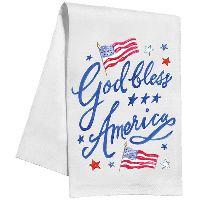 Handpainted God Bless America Flags and Stars Kitchen Towel