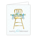 Happy First Birthday High Chair with Cake blue Greeting Card