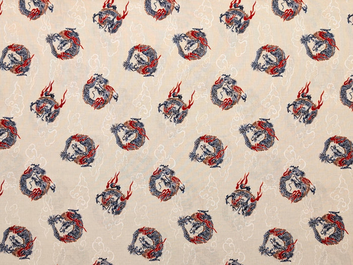 Hishiei - Circling Dragons Cotton Fabric - Beige