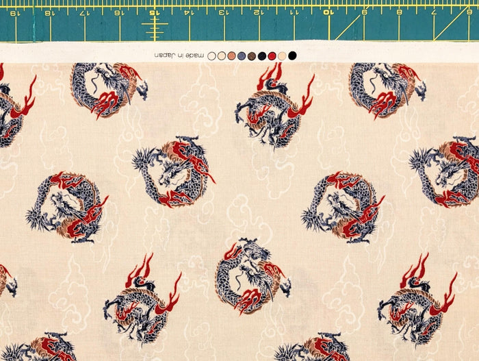 Hishiei - Circling Dragons Cotton Fabric - Beige