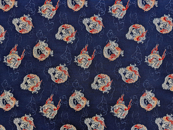 Hishiei - Circling Dragons Cotton Fabric - Navy Blue