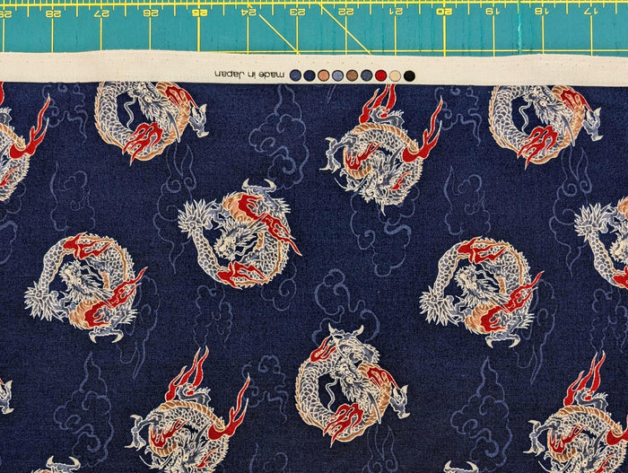 Hishiei - Circling Dragons Cotton Fabric - Navy Blue