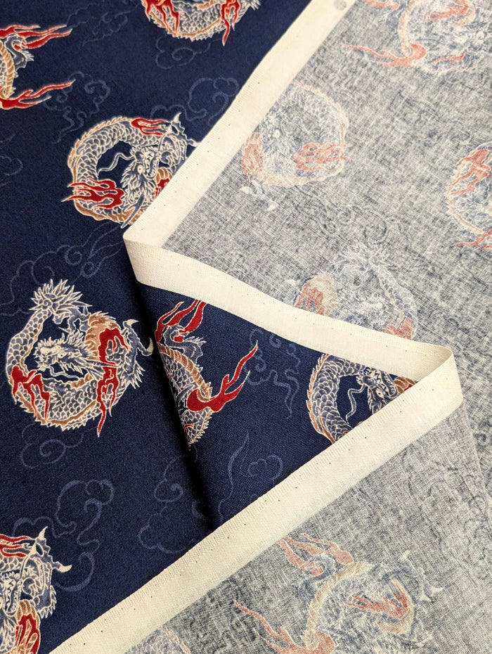 Hishiei - Circling Dragons Cotton Fabric - Navy Blue