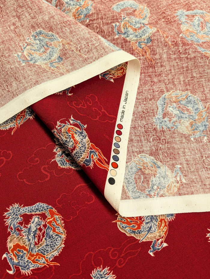 Hishiei - Circling Dragons Cotton Fabric - Red