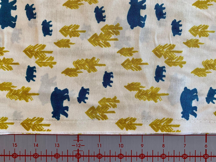Hokkoh - Bears in the Forest Cotton Fabric - Cream Blue Mustard Yellow