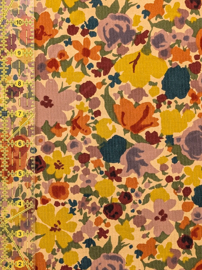 Hokkoh - Block Flower Meadow Cotton Needlecord Corduroy Fabric - Beige