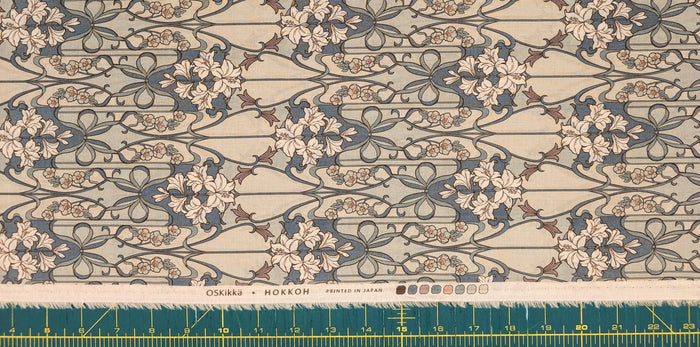 Hokkoh - Nouveau Flower Filigree Cotton Lawn - Light Blue and Beige