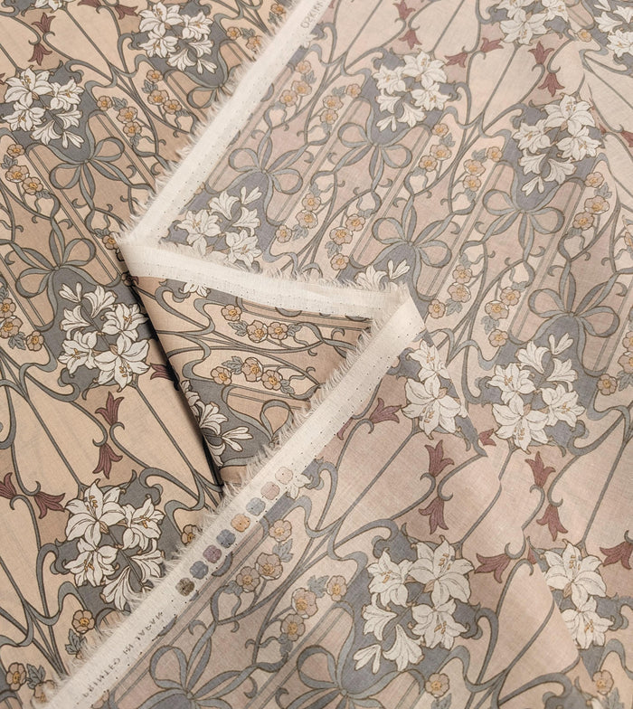 Hokkoh - Nouveau Flower Filigree Cotton Lawn - Light Brown and Beige