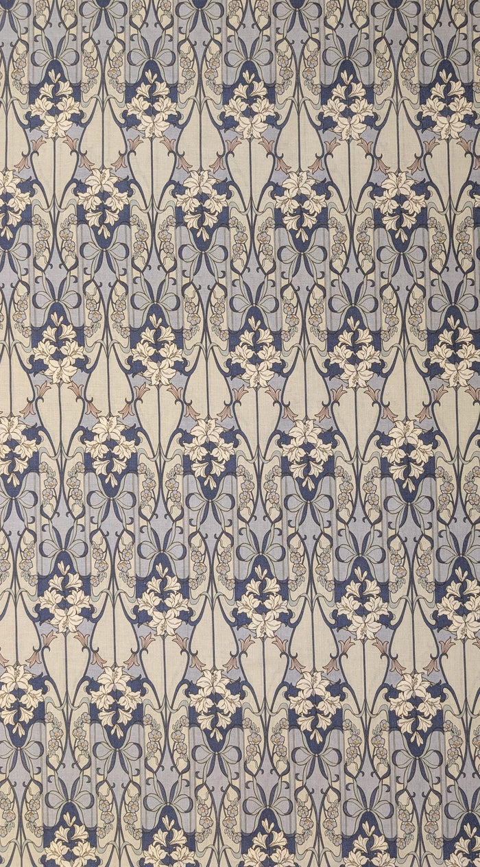 Hokkoh - Nouveau Flower Filigree Cotton Lawn - Medium Blue and Beige