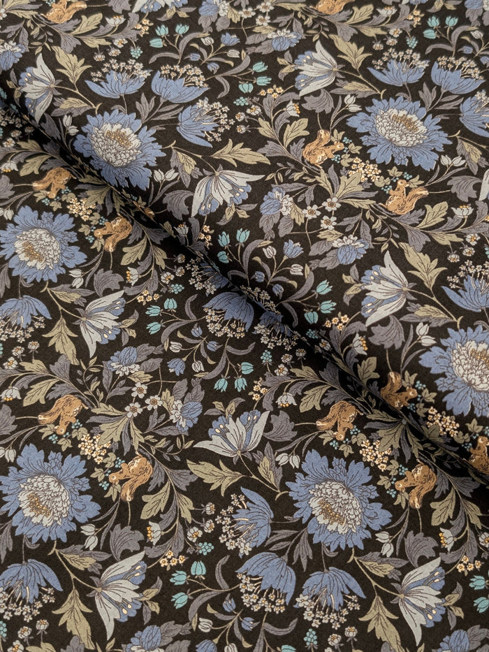 Hokkoh - Squirrels and Mirrored Flowers Cotton Lawn Fabric - Black & Blue