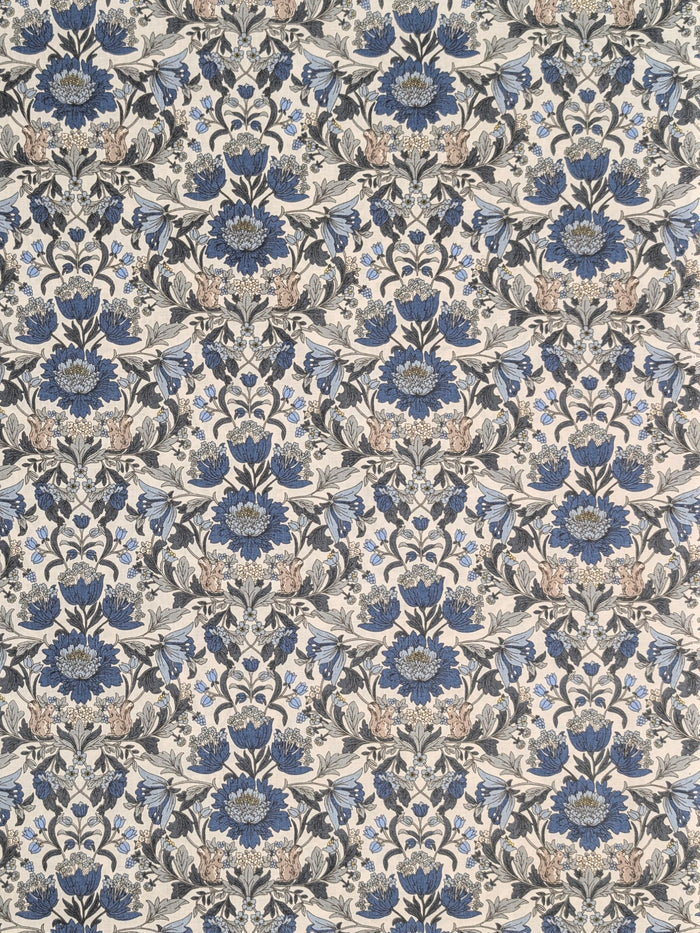 Hokkoh - Squirrels and Mirrored Flowers Cotton Lawn Fabric - White & Blue