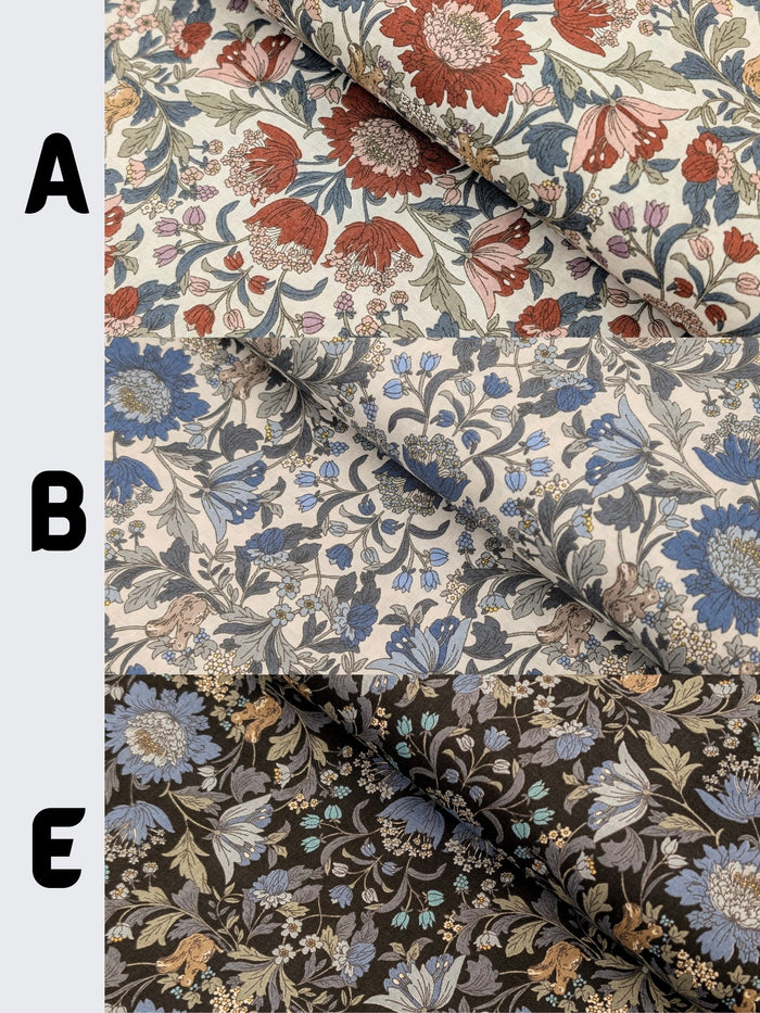 Hokkoh - Squirrels and Mirrored Flowers Cotton Lawn Fabric - White & Blue