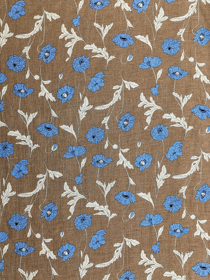 Hokkoh - Summer Poppies Linen Fabric - Brown and Blue
