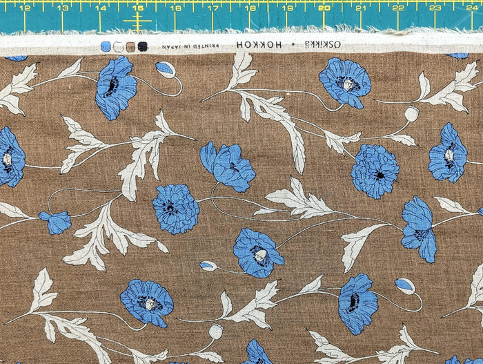 Hokkoh - Summer Poppies Linen Fabric - Brown and Blue
