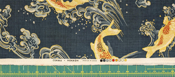 Swimming Golden Koi Hokkoh Japanese cotton dobby fabric 1025-100-2 C teal