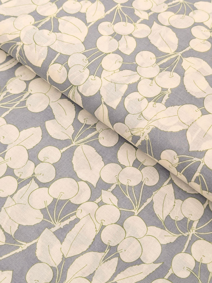 Hokkoh - Two-Tone Cherries Cotton Lawn Fabric - White & Gray REMNANT
