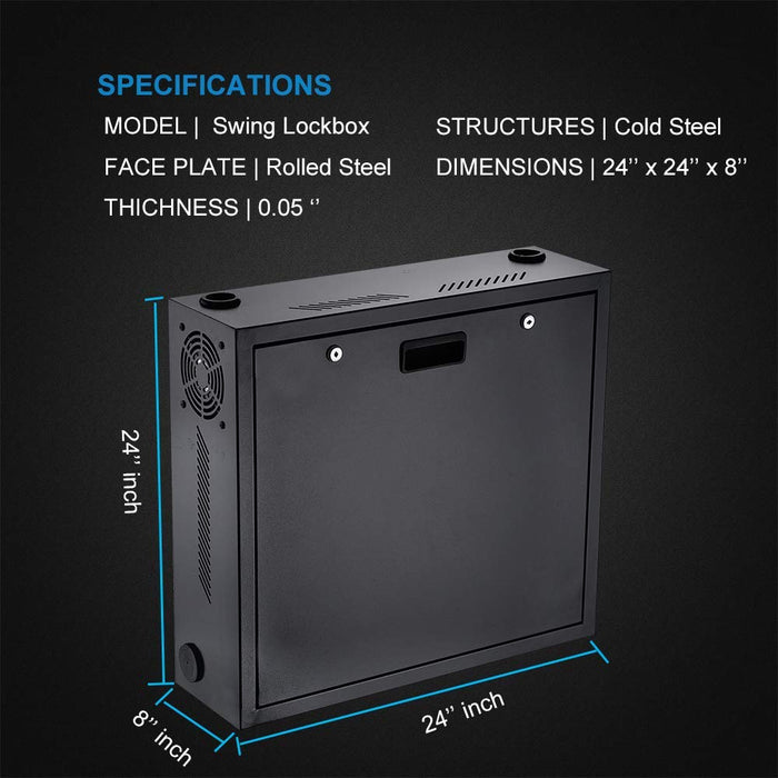 Kenuco Heavy Duty 16 Gauge Steel DVR Security Lockbox with Fan and Swing Open Top (24'' x 24'' x 8'' Black)
