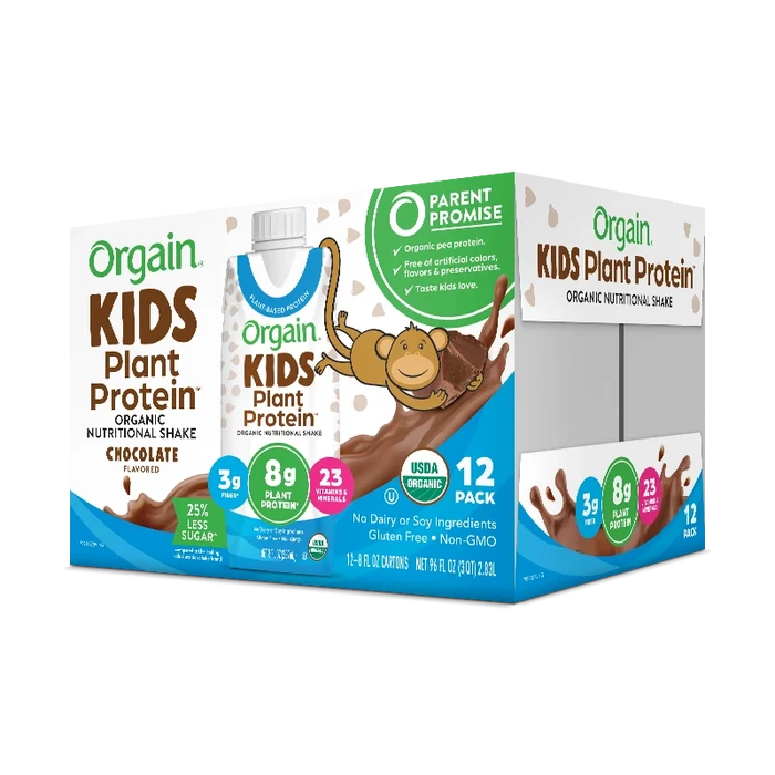 Angled side of Kids Organic Plant Protein Nutritional Shake Chocolate Flavor in the 12 Shakes Size