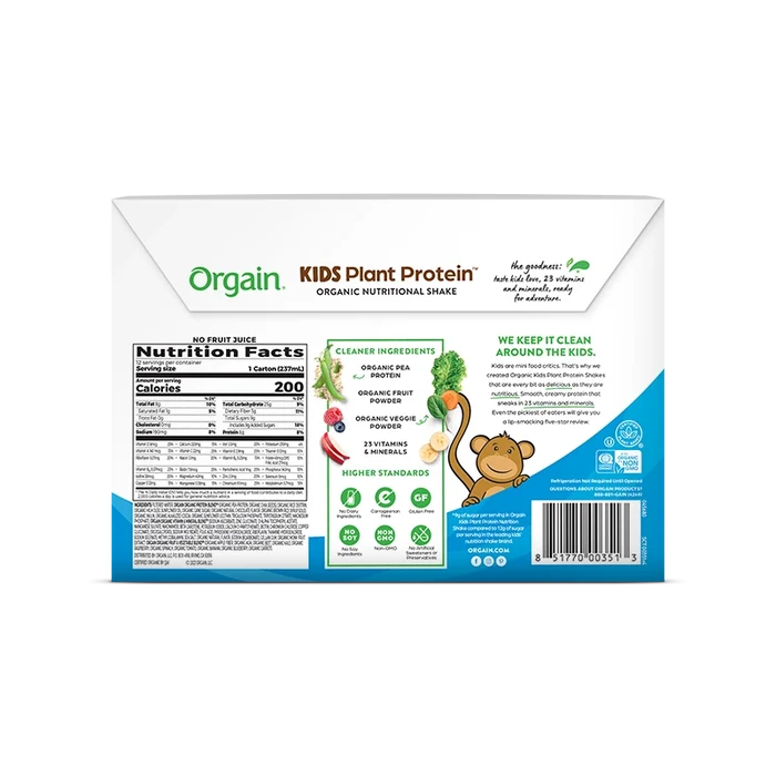Back of Kids Organic Plant Protein Nutritional Shake Chocolate Flavor in the 12 Shakes Size