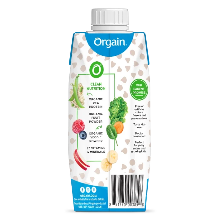 Back of Kids Organic Plant Protein Nutritional Shake Chocolate Flavor in the 12 Shakes Size