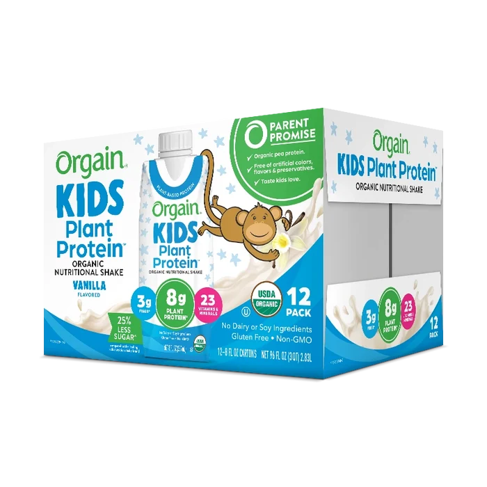 Angled side of Kids Organic Plant Protein Nutritional Shake - Vanilla  Flavor in the 12 Shakes Size