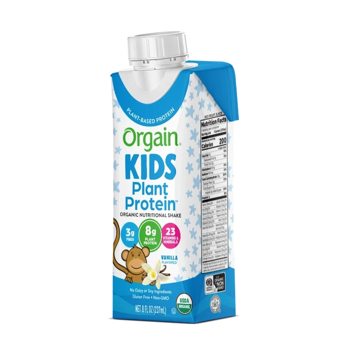 Angled side of Kids Organic Plant Protein Nutritional Shake - Vanilla  Flavor in the 12 Shakes Size