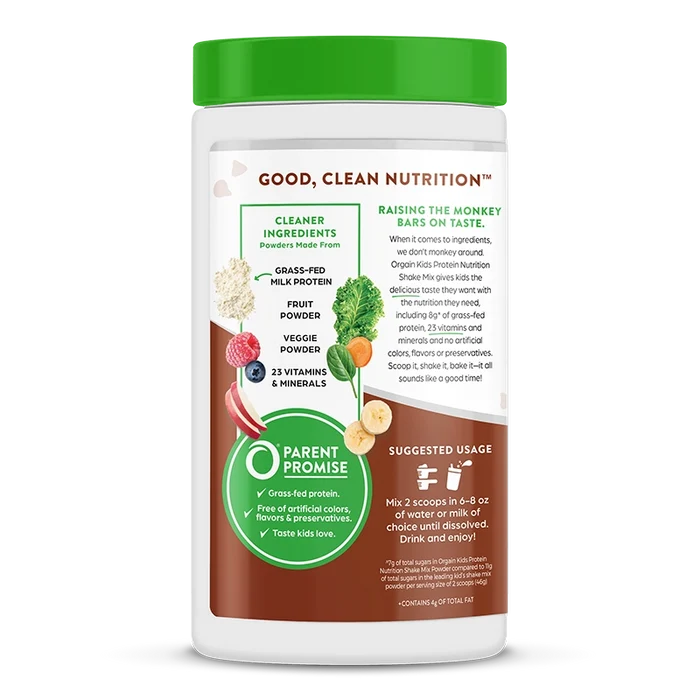 Left side of Kids Protein Nutrition Shake Mix - Chocolate Brownie  Flavor in the 16.2 oz Canister Size