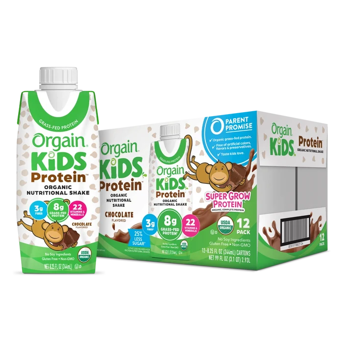 Single and case of Kids Protein Organic Nutrition Shake Chocolate Flavor in the 12 Shakes Size