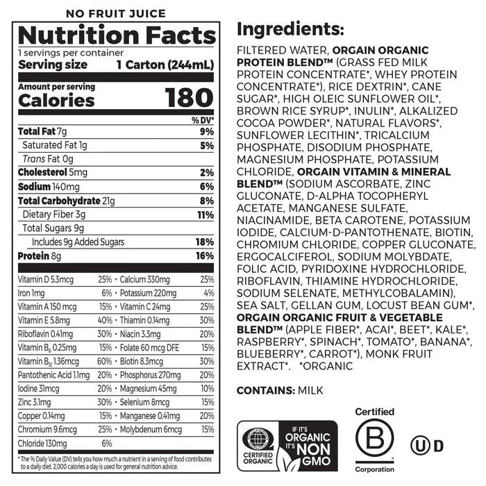 Nutrition fact panel and list of ingredients of Kids Protein Organic Nutrition Shake Chocolate Flavor