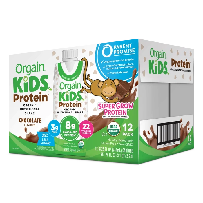Angled Right side of Kids Protein Organic Nutrition Shake Chocolate Flavor in the 12 Shakes Size
