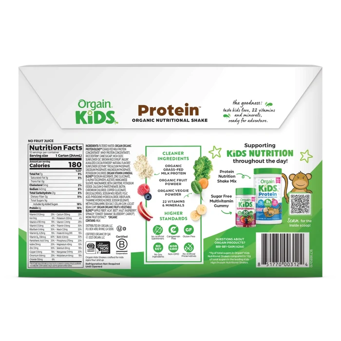 Back of Kids Protein Organic Nutrition Shake Chocolate Flavor in the 12 Shakes Size
