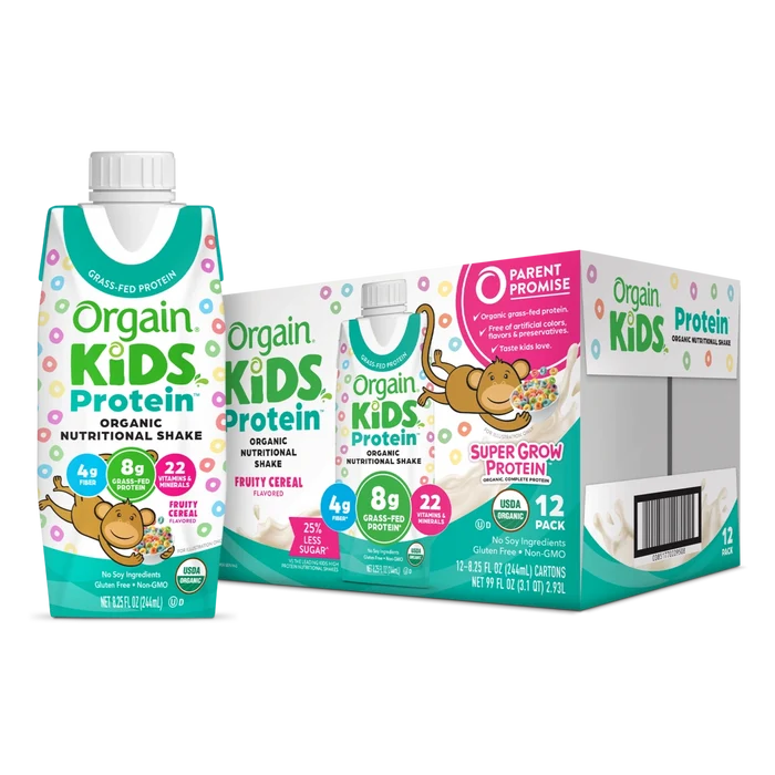Single and case of Kids Protein Organic Nutrition Shake - Fruity Cereal  Flavor in the 12 Shakes Size