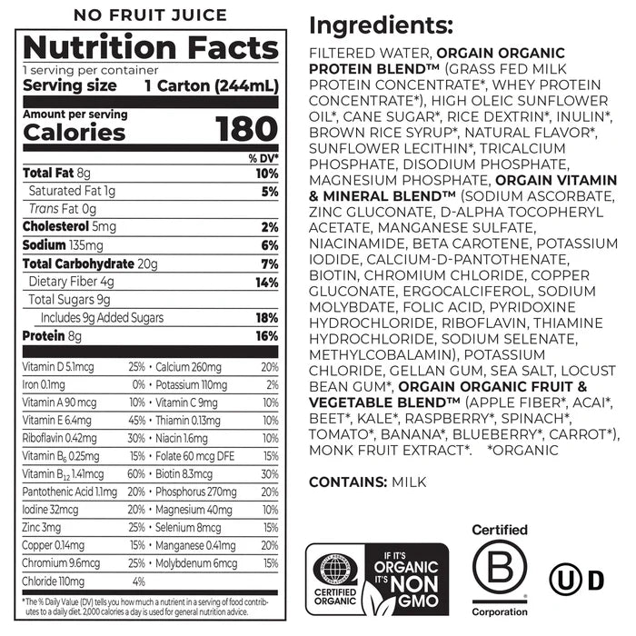 Nutrition fact panel and list of ingredients of Kids Protein Organic Nutrition Shake - Fruity Cereal Flavor