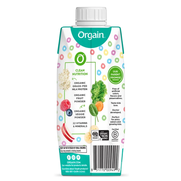 Back of Kids Protein Organic Nutrition Shake - Fruity Cereal  Flavor
