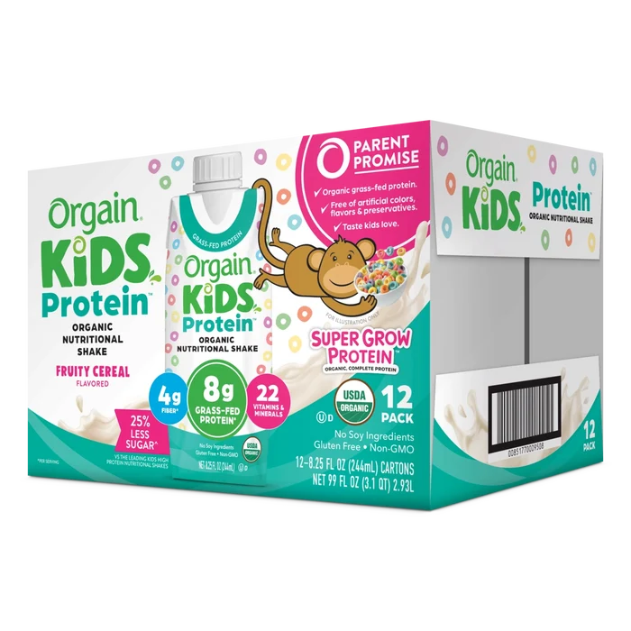 Angled Right side of Kids Protein Organic Nutrition Shake - Fruity Cereal  Flavor in the 12 Shakes Size