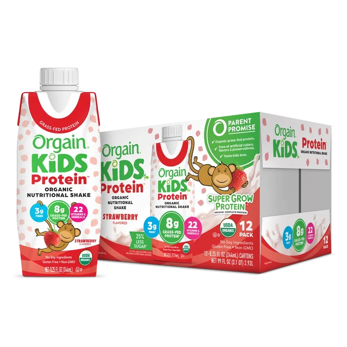 Single and case of Kids Protein Organic Nutrition Shake - Strawberry  Flavor in the 12 Shakes Size
