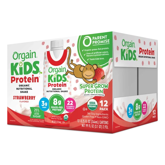 Angled Right side of Kids Protein Organic Nutrition Shake - Strawberry  Flavor in the 12 Shakes Size