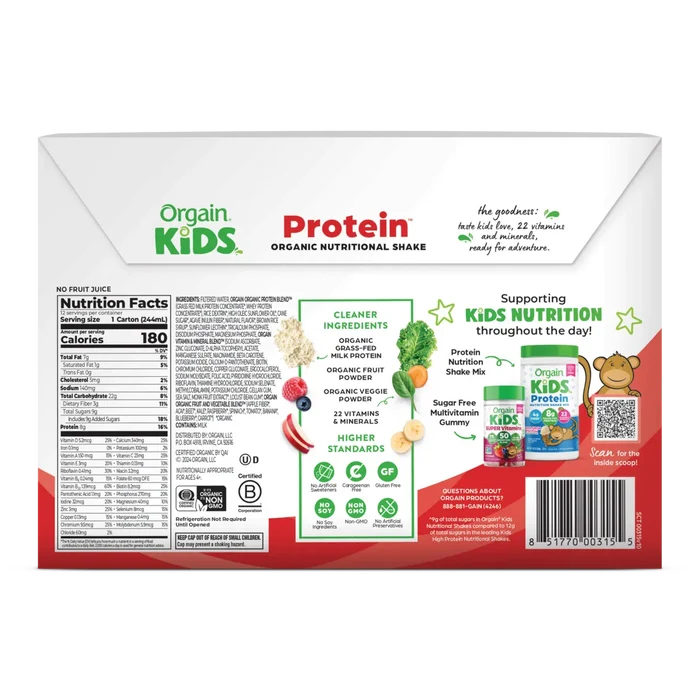 Back of Kids Protein Organic Nutrition Shake - Strawberry  Flavor in the 12 Shakes Size